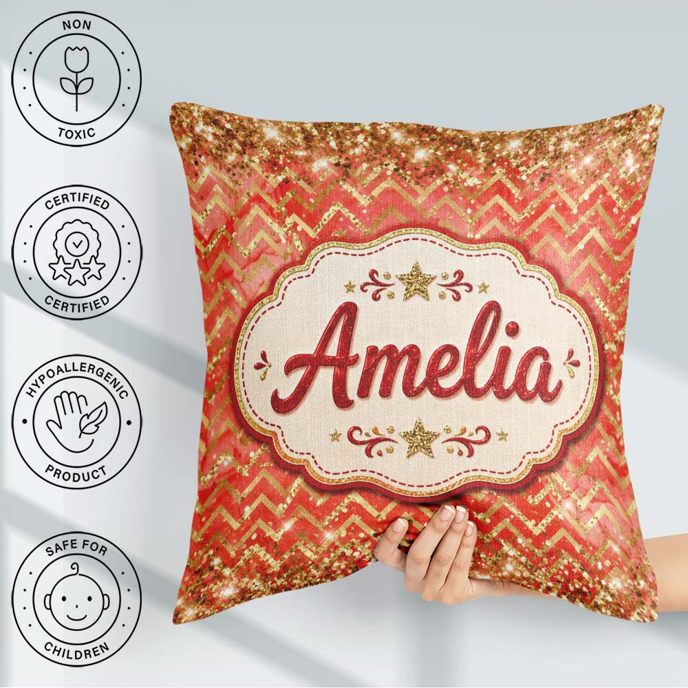 Custom Name Gold Glitter Chevron Festive Seamless Pattern Lovely Square Filled Cushion Throw Pillow Sofa Bed Home Decor Zip Washable UK Made