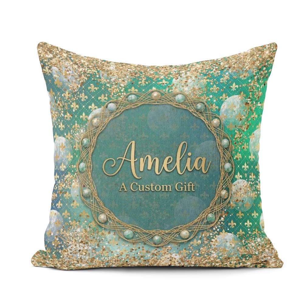Custom Name Teal Gold Fleur Moon Glitter Elegant Seamless Lovely Square Filled Cushion Throw Pillow Sofa Bed Home Decor Zip Washable UK Made