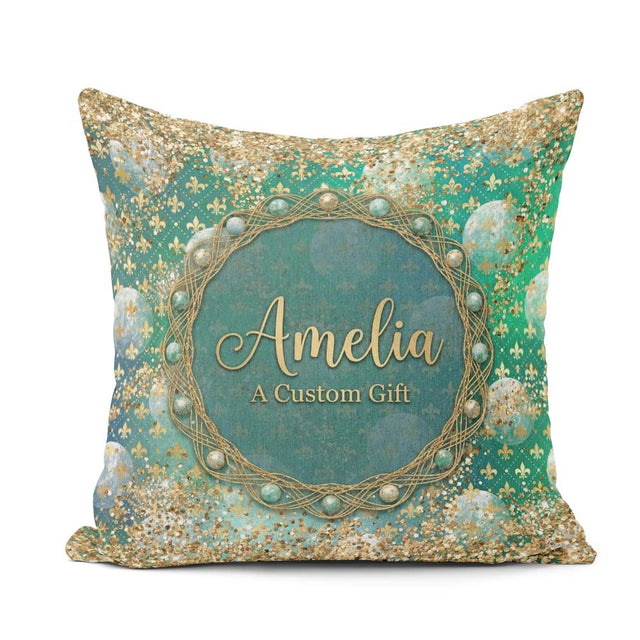 Custom Name Teal Gold Fleur Moon Glitter Elegant Seamless Lovely Square Filled Cushion Throw Pillow Sofa Bed Home Decor Zip Washable UK Made