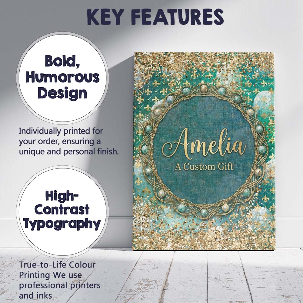 Personalised Name Teal Gold Fleur Moon Custom  Modern Room Accent Elegant Feature Canvas Wall Art Print Decor Picture Ready to Hang