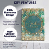 Personalised Name Teal Gold Fleur Moon Custom  Modern Room Accent Elegant Feature Canvas Wall Art Print Decor Picture Ready to Hang