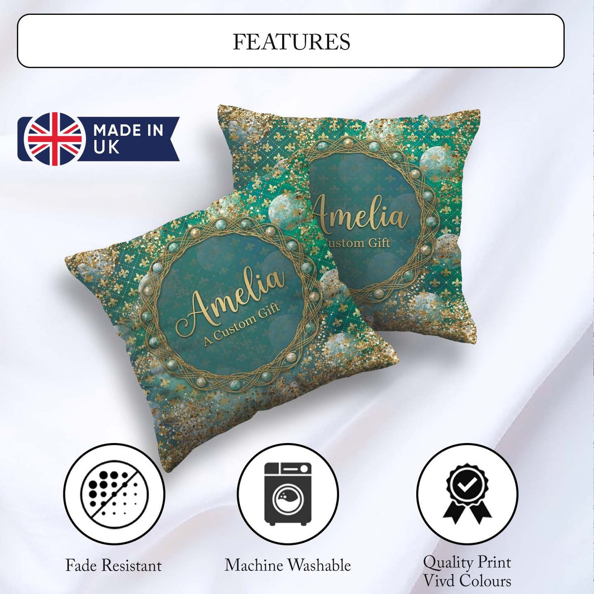 Custom Name Teal Gold Fleur Moon Glitter Elegant Seamless Lovely Square Filled Cushion Throw Pillow Sofa Bed Home Decor Zip Washable UK Made