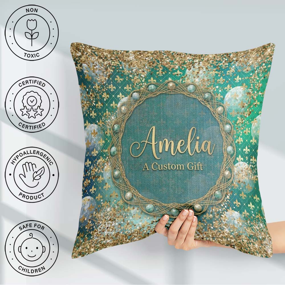 Custom Name Teal Gold Fleur Moon Glitter Elegant Seamless Lovely Square Filled Cushion Throw Pillow Sofa Bed Home Decor Zip Washable UK Made
