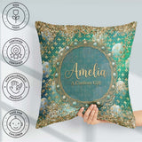 Custom Name Teal Gold Fleur Moon Glitter Elegant Seamless Lovely Square Filled Cushion Throw Pillow Sofa Bed Home Decor Zip Washable UK Made