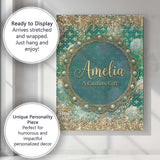 Personalised Name Teal Gold Fleur Moon Custom  Modern Room Accent Elegant Feature Canvas Wall Art Print Decor Picture Ready to Hang