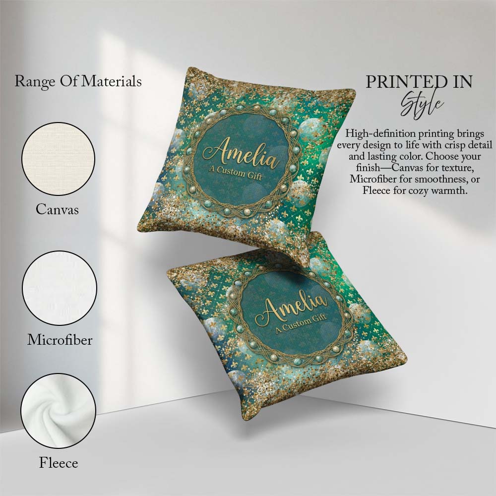 Custom Name Teal Gold Fleur Moon Glitter Elegant Seamless Lovely Square Filled Cushion Throw Pillow Sofa Bed Home Decor Zip Washable UK Made
