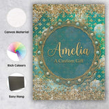 Personalised Name Teal Gold Fleur Moon Custom  Modern Room Accent Elegant Feature Canvas Wall Art Print Decor Picture Ready to Hang