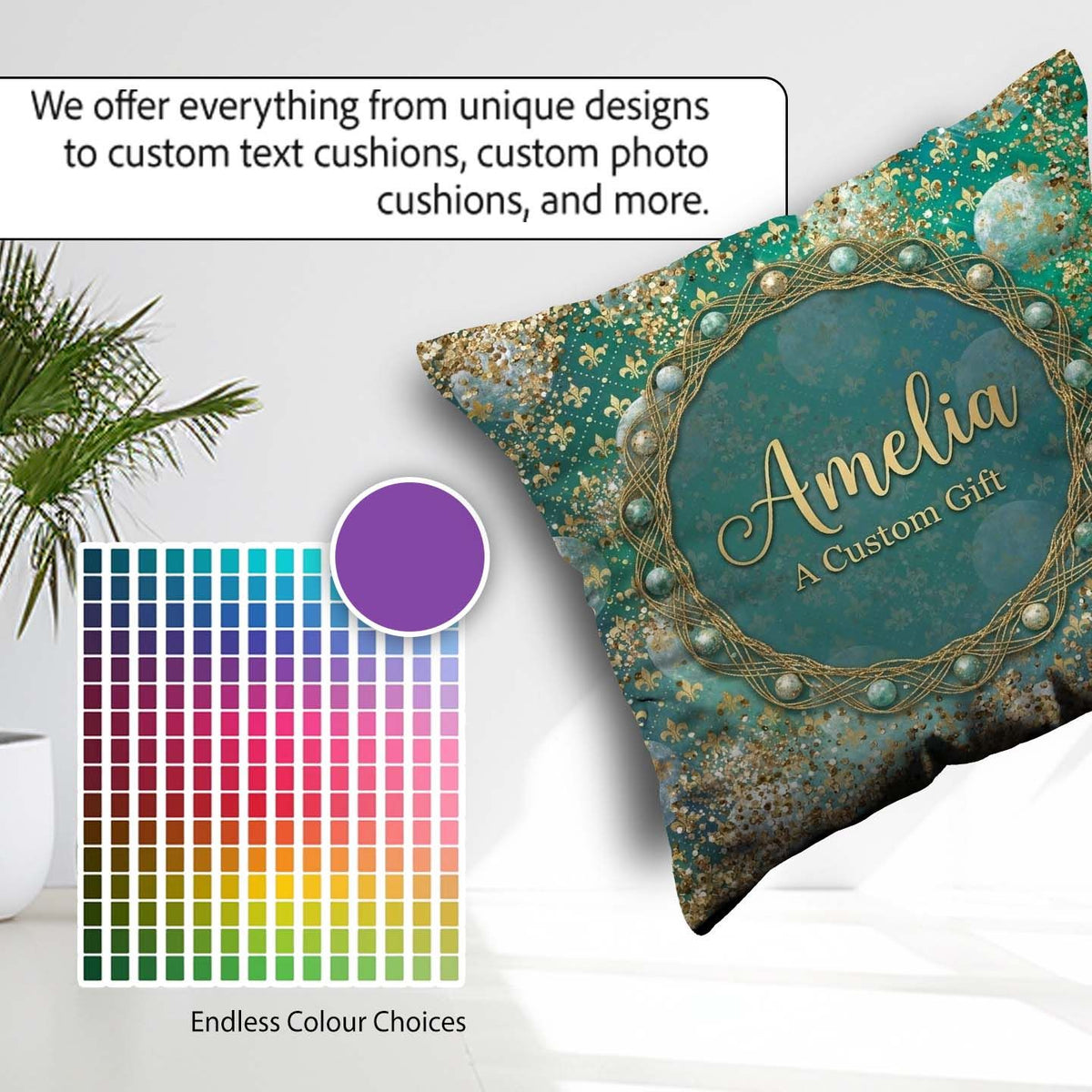 Custom Name Teal Gold Fleur Moon Glitter Elegant Seamless Lovely Square Filled Cushion Throw Pillow Sofa Bed Home Decor Zip Washable UK Made