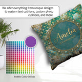 Custom Name Teal Gold Fleur Moon Glitter Elegant Seamless Lovely Square Filled Cushion Throw Pillow Sofa Bed Home Decor Zip Washable UK Made