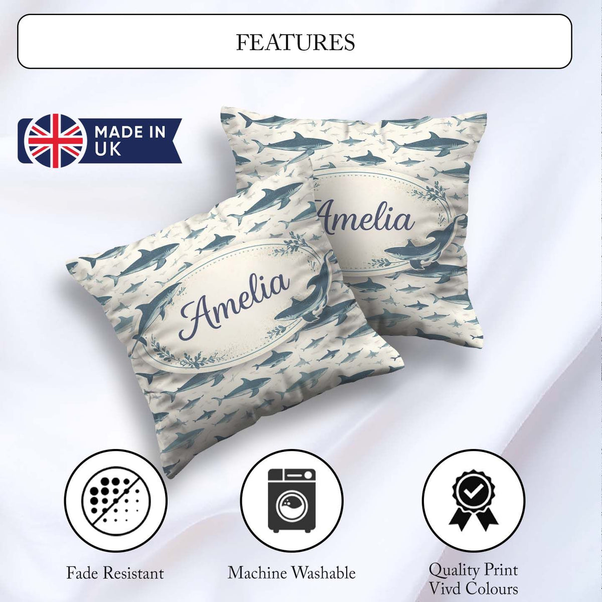 Custom Name Ocean Seamless Pattern Minimal Marine Animal Design Square Filled Cushion Throw Pillow Sofa Bed Home Decor Zip Washable UK Made