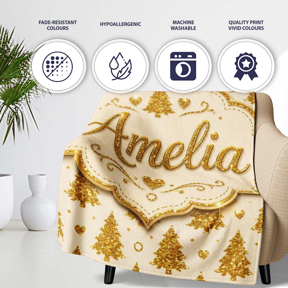 Gold Christmas Tree Heart Glitter Seamless Pattern Cute Unique Gift  Personalised Custom Name Super Soft Fleece Blanket Bed Sofa Throw