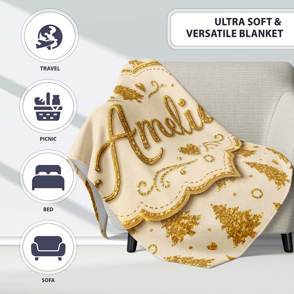 Gold Christmas Tree Heart Glitter Seamless Pattern Cute Unique Gift  Personalised Custom Name Super Soft Fleece Blanket Bed Sofa Throw