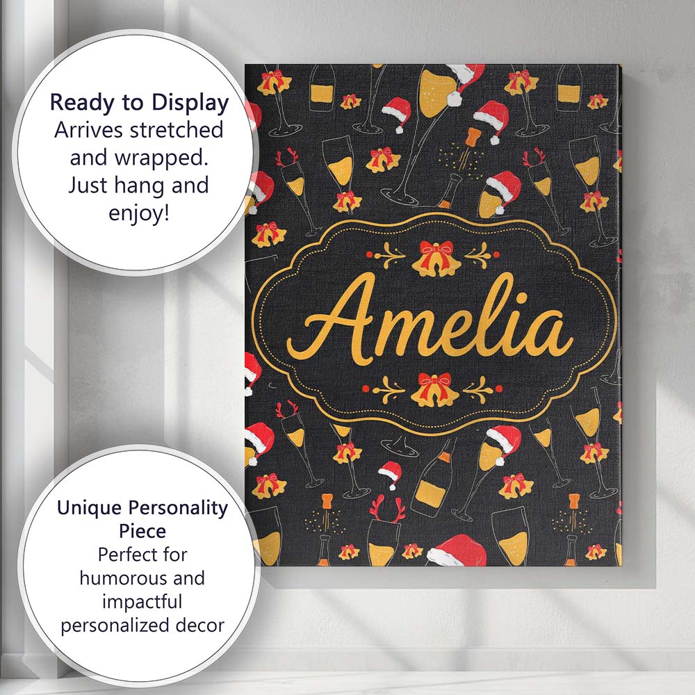 Personalised Name Festive Champagne Glass Custom  Unique Gift Idea Elegant Feature Canvas Wall Art Print Decor Picture Ready to Hang