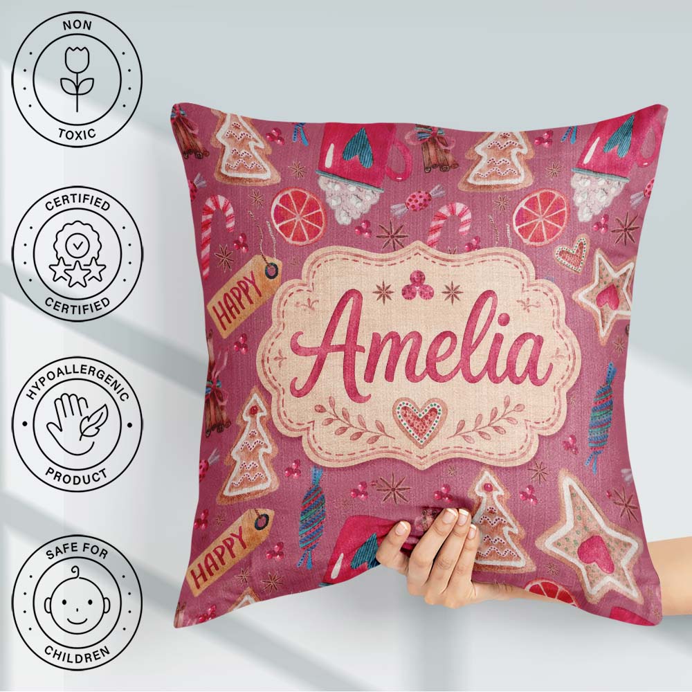 Custom Name Watercolor Christmas Cookies Candy Festive Seamless Square Filled Cushion Throw Pillow Sofa Bed Home Decor Zip Washable UK Made