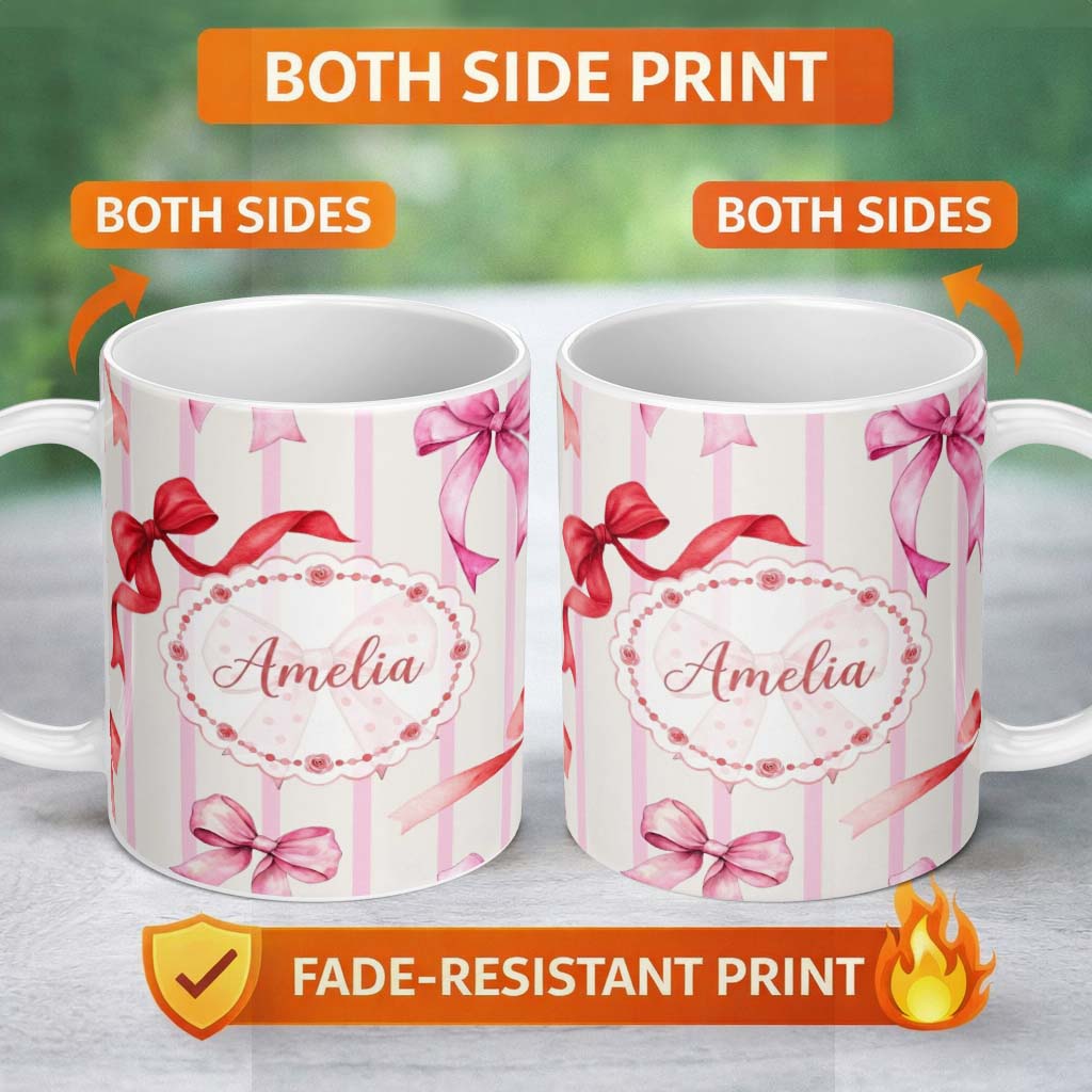 Personalized Custom Name Watercolor Red Pink Ribbon Bows Pink Stripe Background Cute Girly 11oz Ceramic Coffee Tea Mug White Large Handle