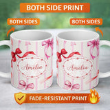 Personalized Custom Name Watercolor Red Pink Ribbon Bows Pink Stripe Background Cute Girly 11oz Ceramic Coffee Tea Mug White Large Handle