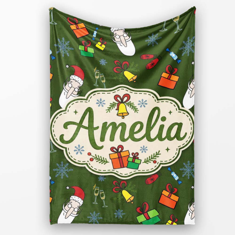 Cute Santa Gifts Champagne Christmas Seamless Pattern Lovely  Personalised Custom Name Super Soft Fleece Blanket Bed Sofa Throw