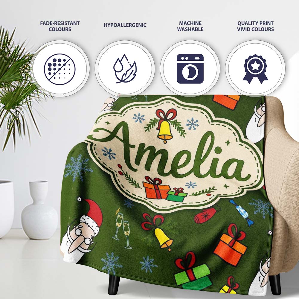 Cute Santa Gifts Champagne Christmas Seamless Pattern Lovely  Personalised Custom Name Super Soft Fleece Blanket Bed Sofa Throw