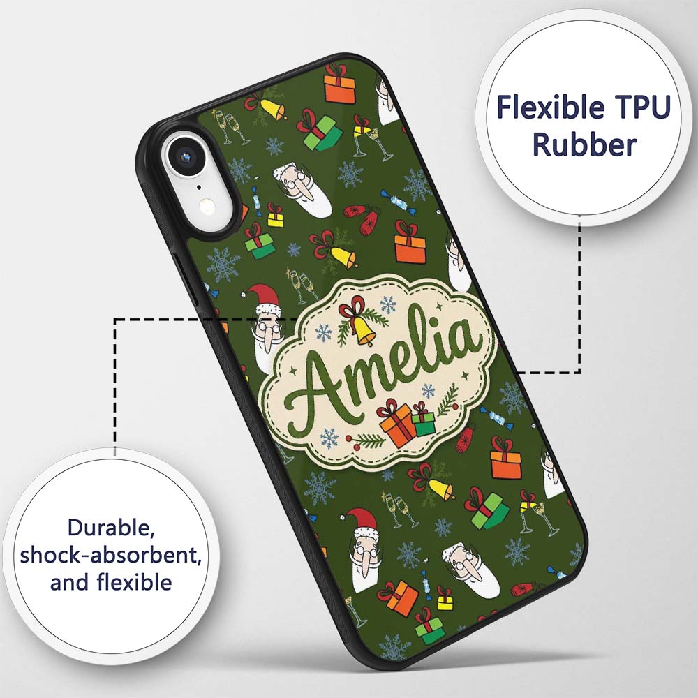 Cute Santa Gifts Champagne Christmas Seamless Custom Name Protective Phone Case Mobile Cover Durable Everyday Smartphone Shock Resistant