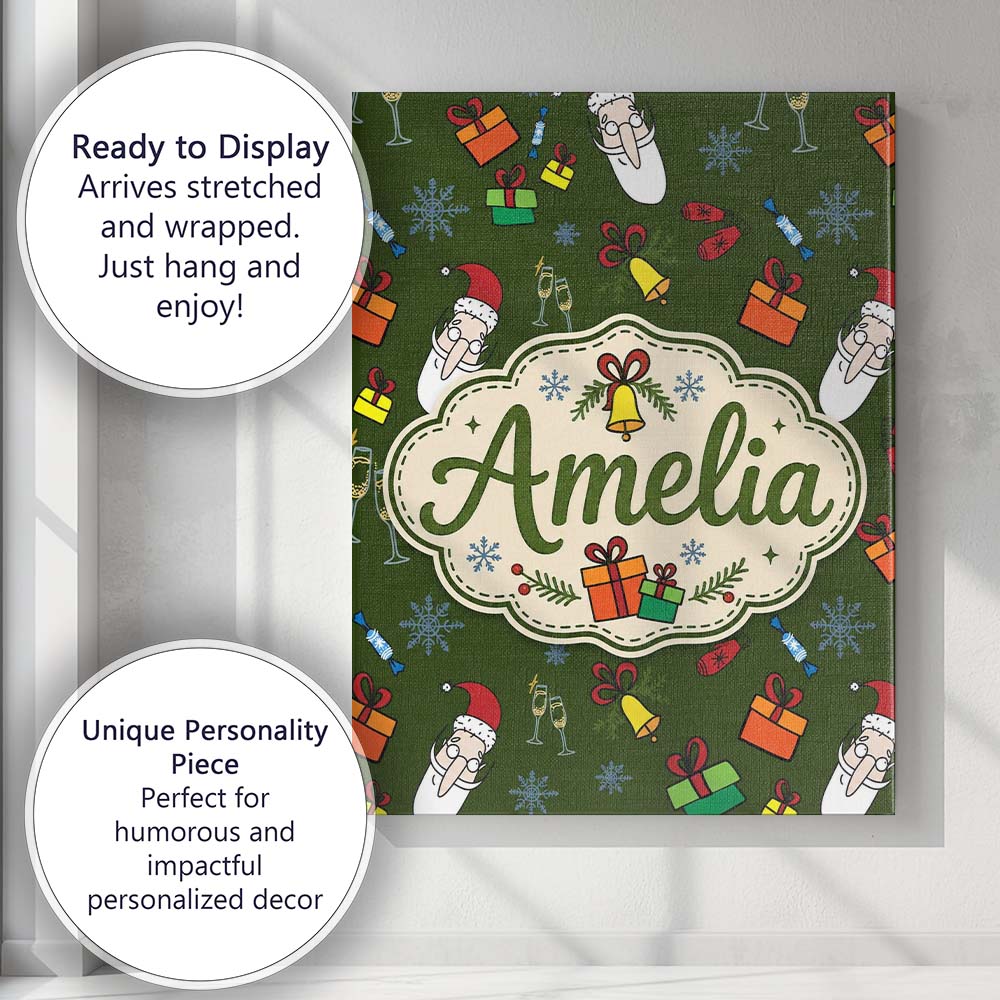 Personalised Name Cute Santa Gifts Champagne Custom Bespoke  Contemporary Display Canvas Wall Art Print Decor Picture Ready to Hang