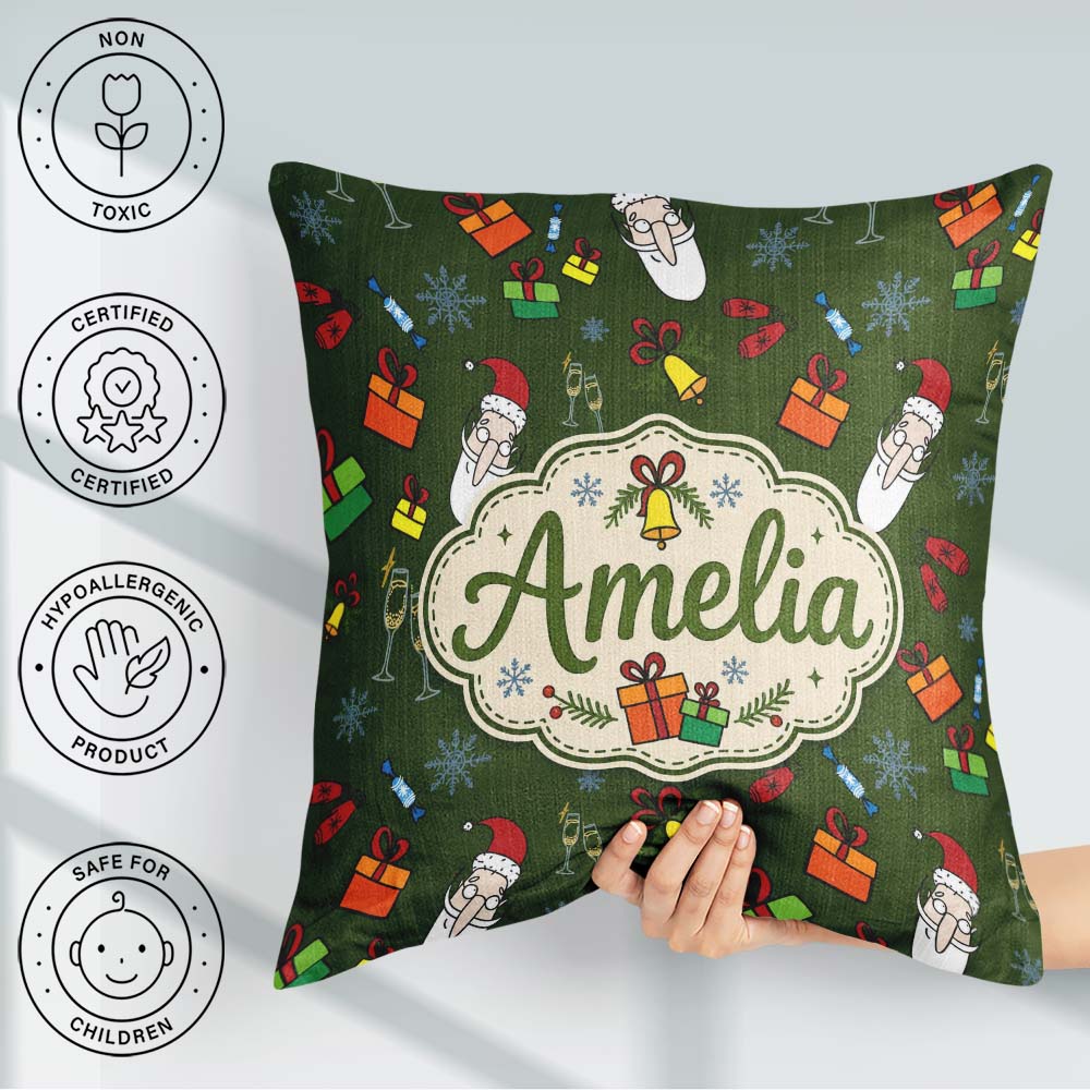 Custom Name Santa Gifts Champagne Christmas Seamless Pattern Square Filled Cushion Throw Pillow Sofa Bed Home Decor Zip Washable UK Made