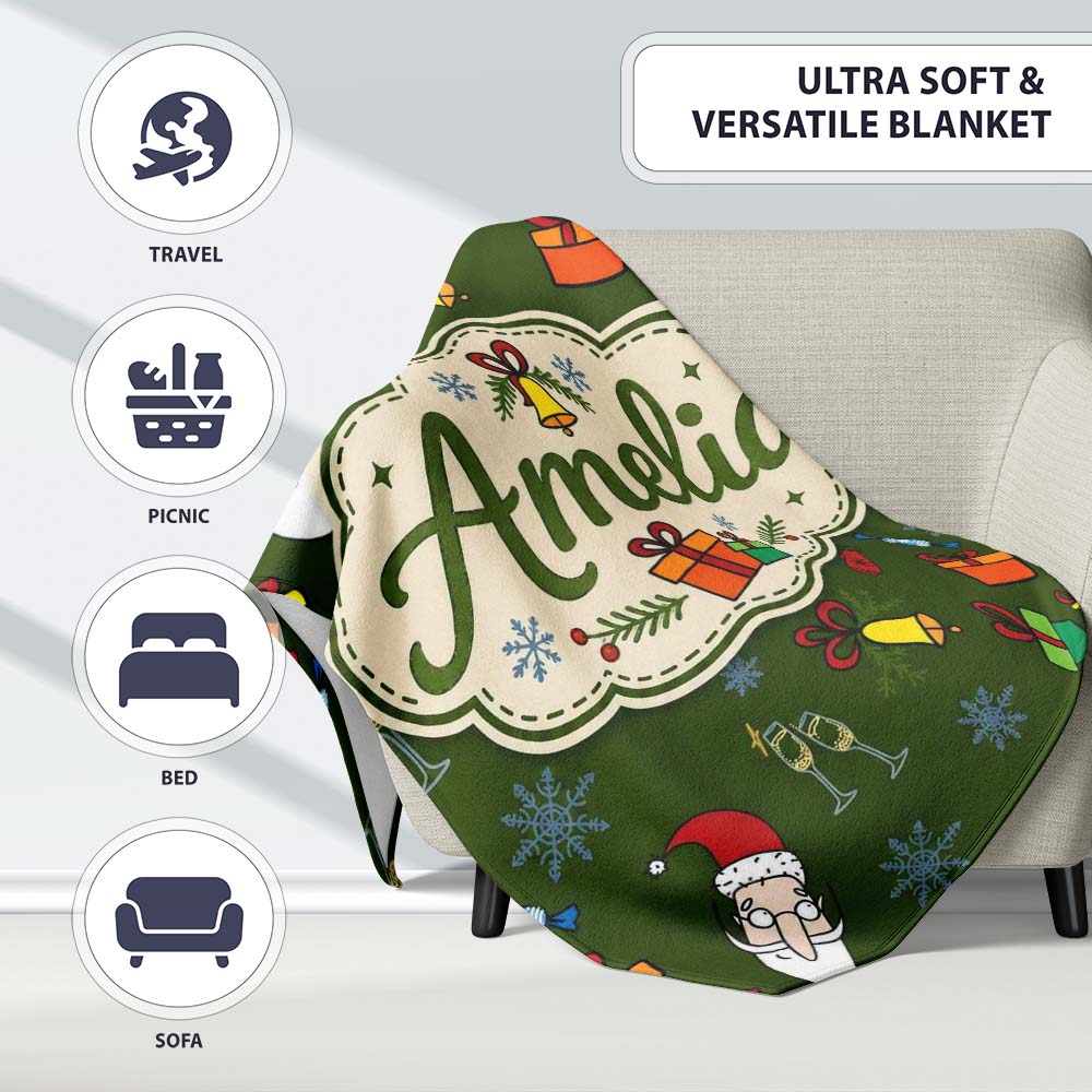 Cute Santa Gifts Champagne Christmas Seamless Pattern Lovely  Personalised Custom Name Super Soft Fleece Blanket Bed Sofa Throw
