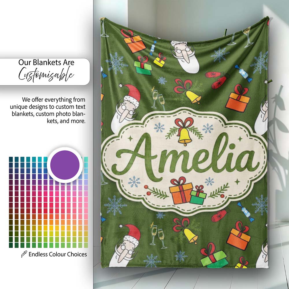 Cute Santa Gifts Champagne Christmas Seamless Pattern Lovely  Personalised Custom Name Super Soft Fleece Blanket Bed Sofa Throw