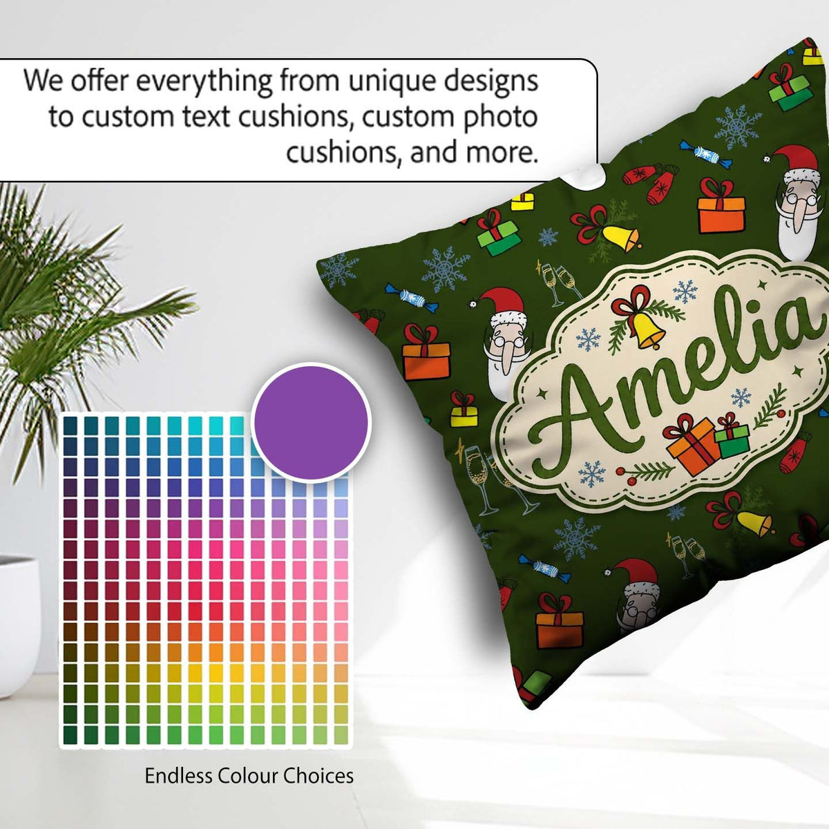 Custom Name Santa Gifts Champagne Christmas Seamless Pattern Square Filled Cushion Throw Pillow Sofa Bed Home Decor Zip Washable UK Made