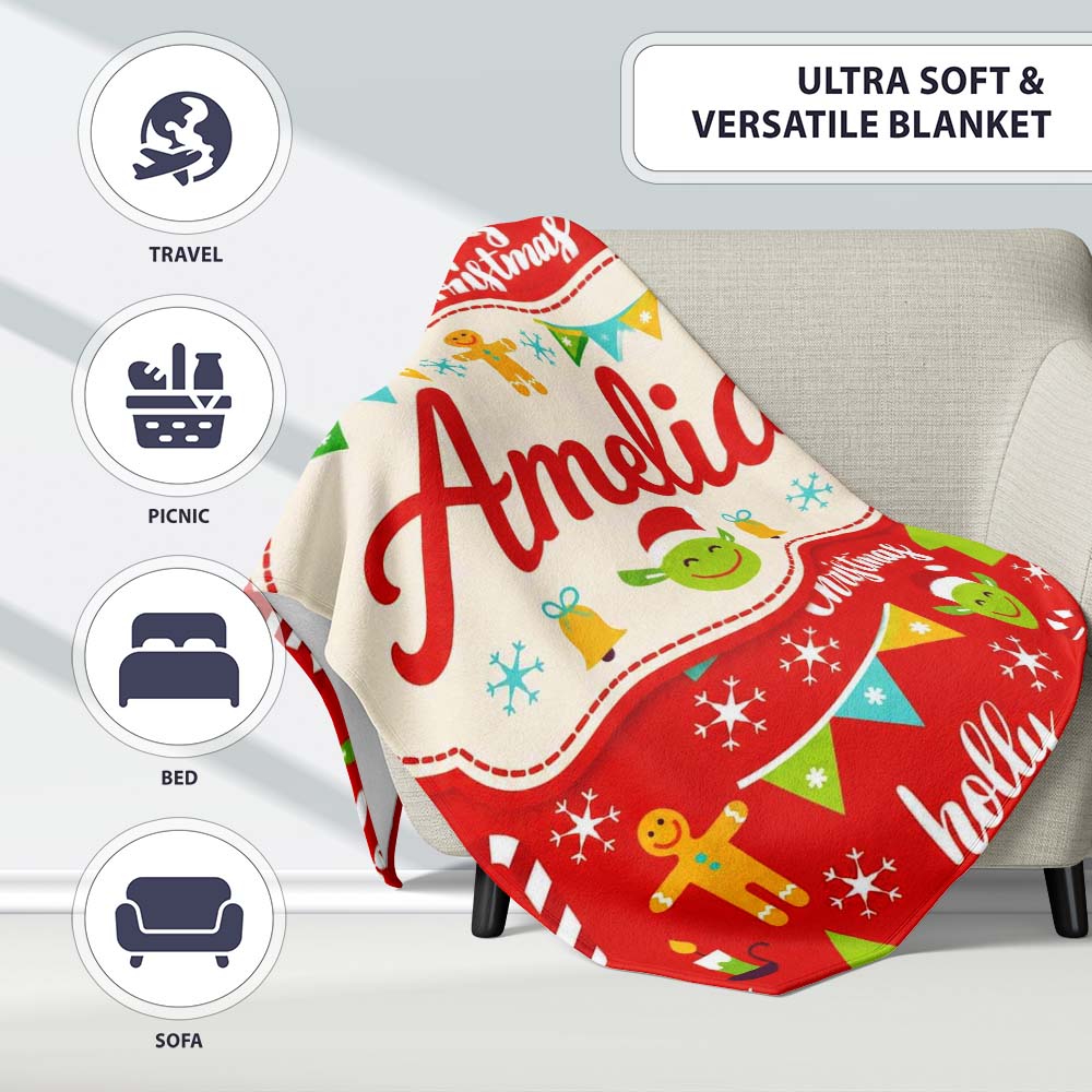 Merry Christmas Holiday Red Festive Seamless Pattern Lovely  Personalised Custom Name Super Soft Fleece Blanket Bed Sofa Throw