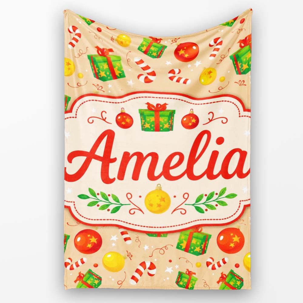 Christmas Gifts Candy Cane Baubles Festive Seamless Pattern Lovely  Personalised Custom Name Super Soft Fleece Blanket Bed Sofa Throw