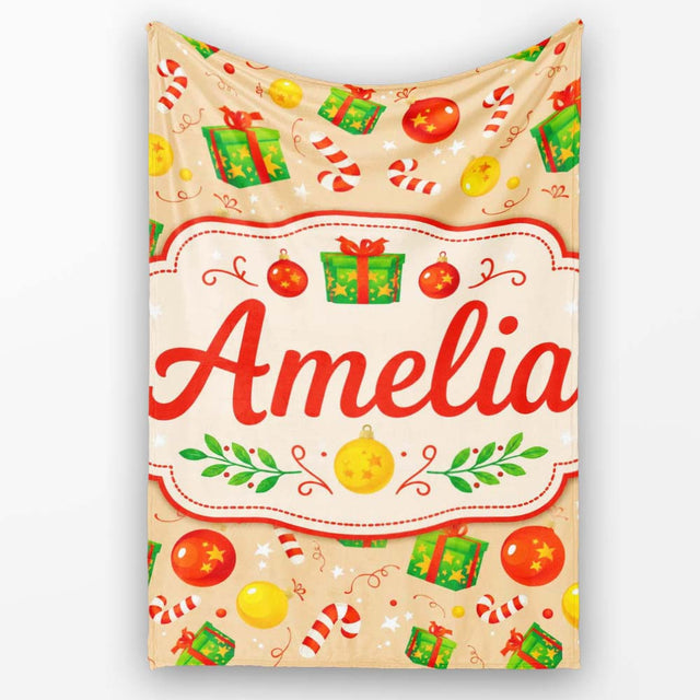 Christmas Gifts Candy Cane Baubles Festive Seamless Pattern Lovely  Personalised Custom Name Super Soft Fleece Blanket Bed Sofa Throw