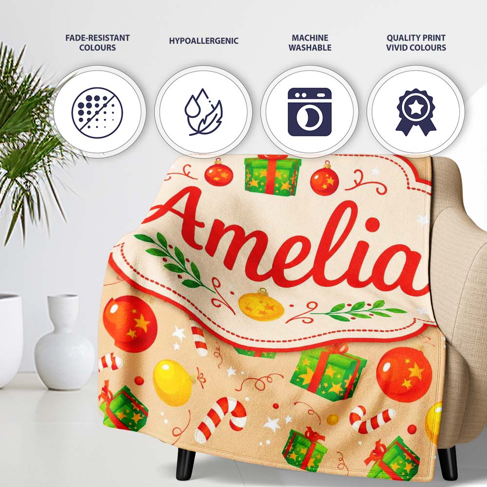 Christmas Gifts Candy Cane Baubles Festive Seamless Pattern Lovely  Personalised Custom Name Super Soft Fleece Blanket Bed Sofa Throw