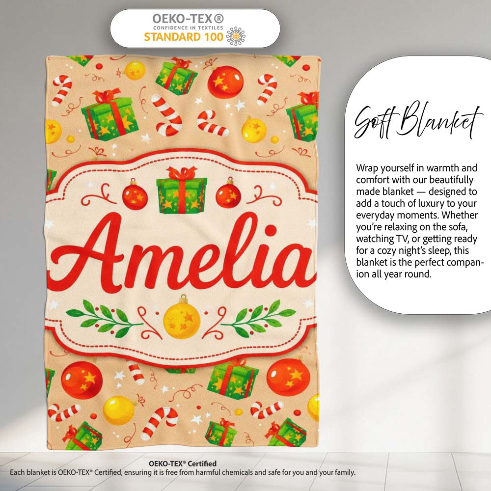 Christmas Gifts Candy Cane Baubles Festive Seamless Pattern Lovely  Personalised Custom Name Super Soft Fleece Blanket Bed Sofa Throw
