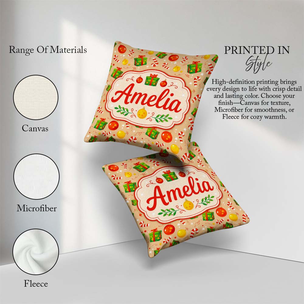 Custom Name Christmas Gifts Candy Cane Baubles Festive Seamless Square Filled Cushion Throw Pillow Sofa Bed Home Decor Zip Washable UK Made