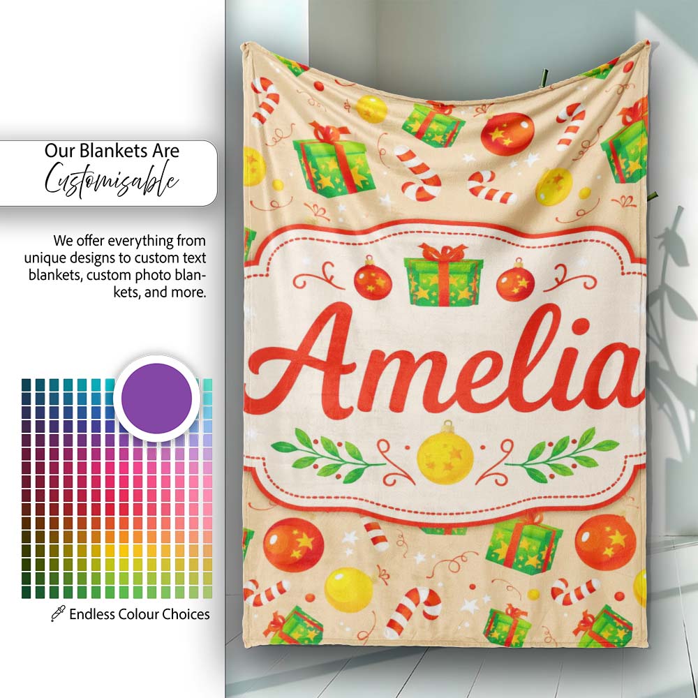 Christmas Gifts Candy Cane Baubles Festive Seamless Pattern Lovely  Personalised Custom Name Super Soft Fleece Blanket Bed Sofa Throw