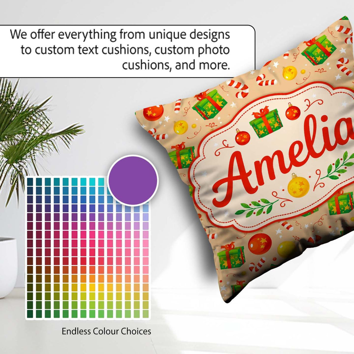 Custom Name Christmas Gifts Candy Cane Baubles Festive Seamless Square Filled Cushion Throw Pillow Sofa Bed Home Decor Zip Washable UK Made