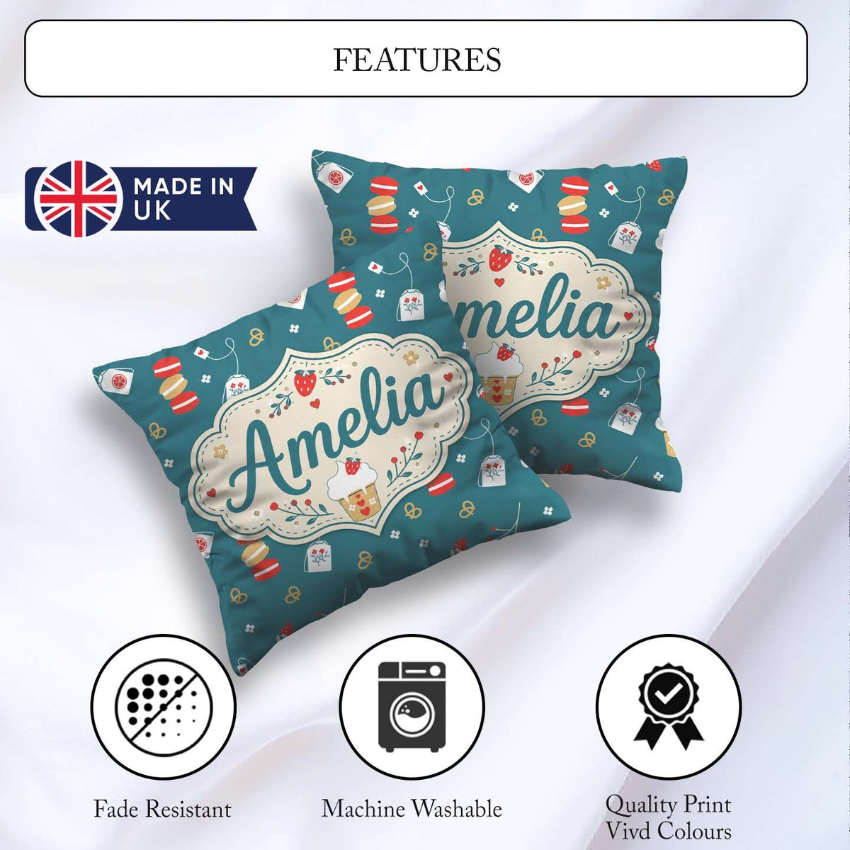 Custom Name Cute Tea Dessert Strawberry Macaron Seamless Pattern Square Filled Cushion Throw Pillow Sofa Bed Home Decor Zip Washable UK Made