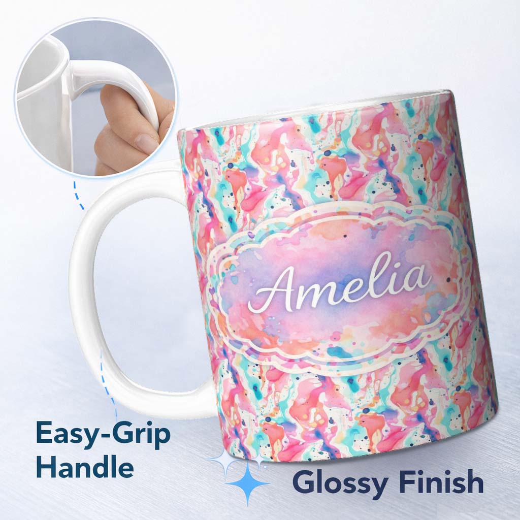 Personalized Custom Name Pastel Ink Flow Pink Purple Blue Abstract Pattern Cute Unique Gift 11oz Ceramic Coffee Tea Mug White Large Handle