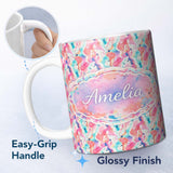Personalized Custom Name Pastel Ink Flow Pink Purple Blue Abstract Pattern Cute Unique Gift 11oz Ceramic Coffee Tea Mug White Large Handle