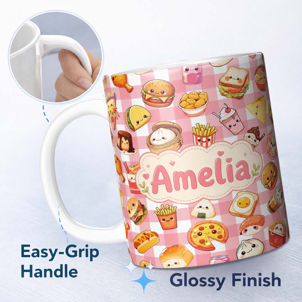 Personalized Custom Name Kawaii Fast Food Burger Sushi Taco Pizza Red Gingham Seamless 11oz Ceramic Coffee Tea Mug White Large Handle