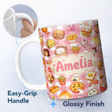 Personalized Custom Name Kawaii Fast Food Burger Sushi Taco Pizza Red Gingham Seamless 11oz Ceramic Coffee Tea Mug White Large Handle