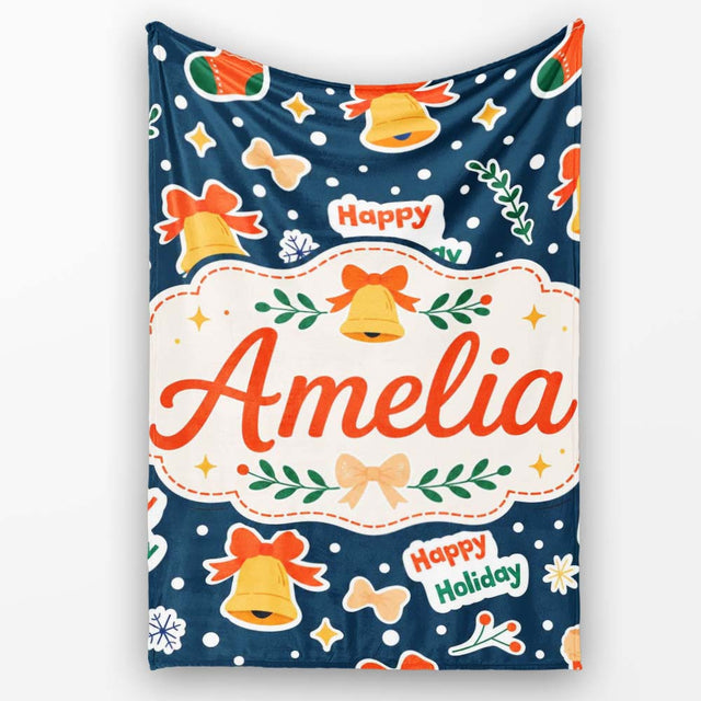 Happy Holiday Bells Gift Winter Festive Seamless Pattern Lovely  Personalised Custom Name Super Soft Fleece Blanket Bed Sofa Throw