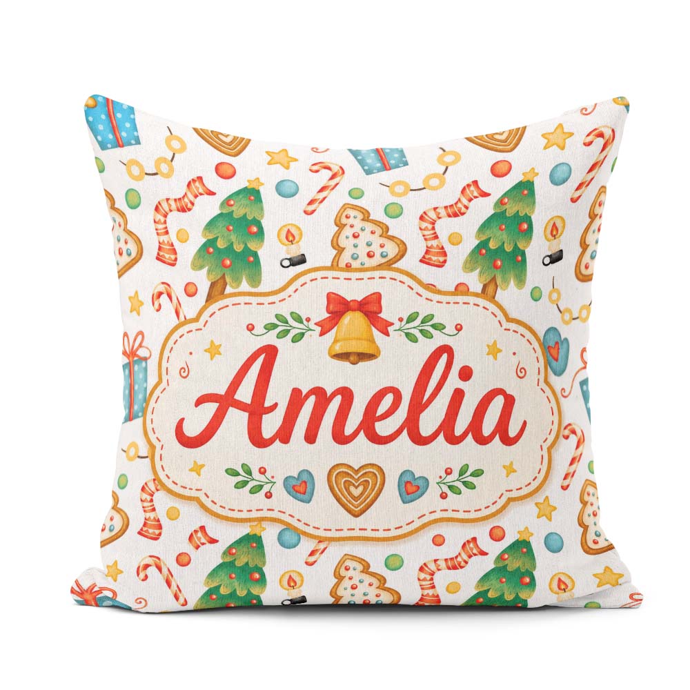 Custom Name Christmas Tree Cookie Candy Festive Seamless Pattern Square Filled Cushion Throw Pillow Sofa Bed Home Decor Zip Washable UK Made