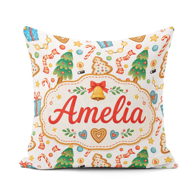 Custom Name Christmas Tree Cookie Candy Festive Seamless Pattern Square Filled Cushion Throw Pillow Sofa Bed Home Decor Zip Washable UK Made