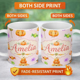 Personalized Custom Name Cute Watercolor Pumpkins and Candy Sweets on Blush Pink Background 11oz Ceramic Coffee Tea Mug White Large Handle