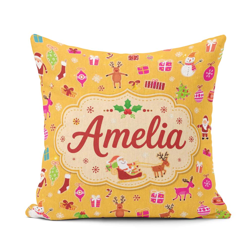 Custom Name Santa Reindeer Snowman Christmas Seamless Pattern Square Filled Cushion Throw Pillow Sofa Bed Home Decor Zip Washable UK Made