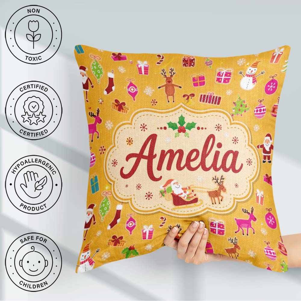 Custom Name Santa Reindeer Snowman Christmas Seamless Pattern Square Filled Cushion Throw Pillow Sofa Bed Home Decor Zip Washable UK Made
