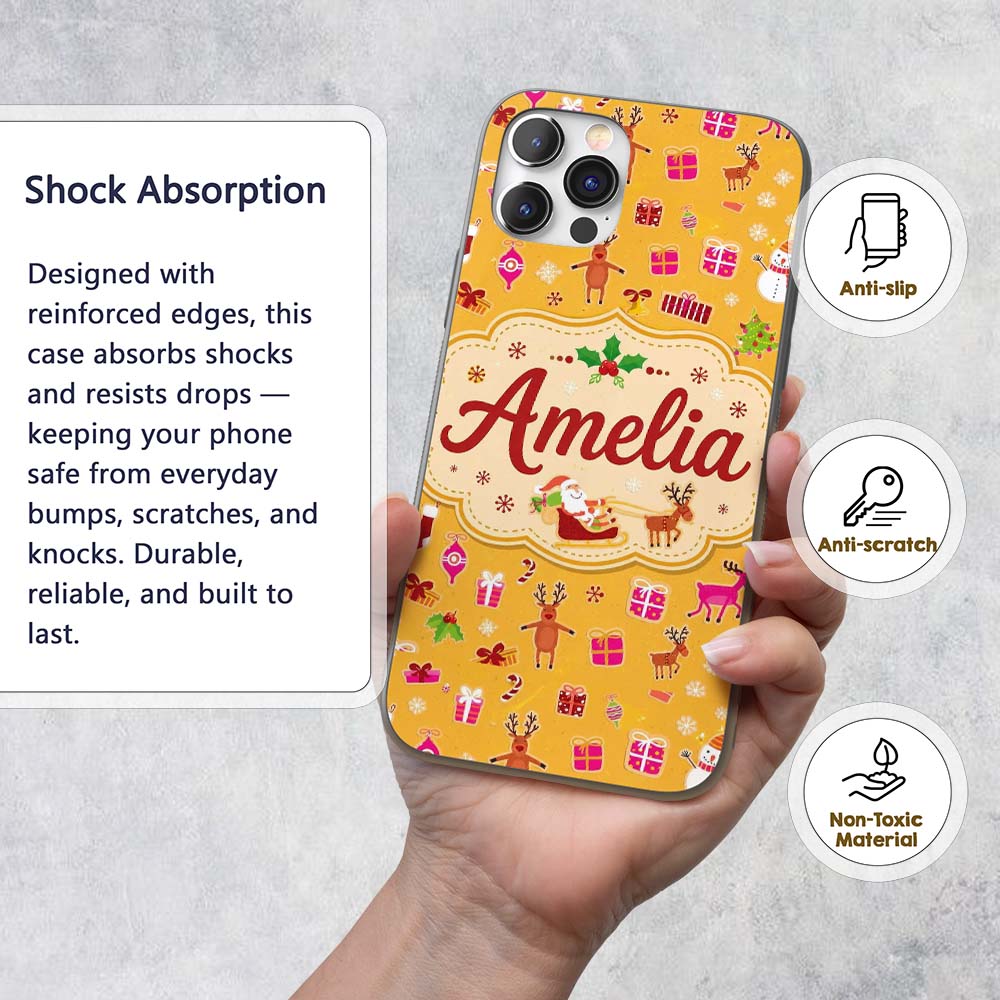 Cute Santa Reindeer Snowman Christmas Seamless Custom Name Protective Phone Case Mobile Cover Durable Everyday Smartphone Shock Resistant