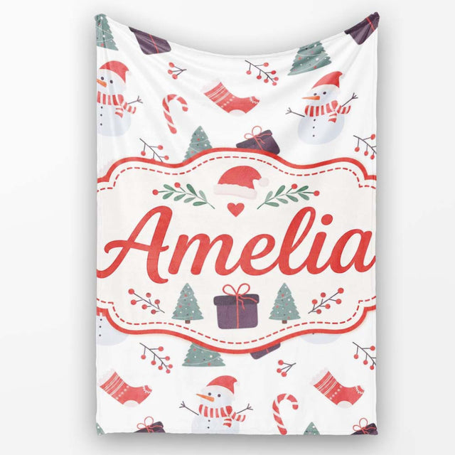 Cute Snowman Christmas Tree Candy Cane Seamless Pattern Lovely  Personalised Custom Name Super Soft Fleece Blanket Bed Sofa Throw