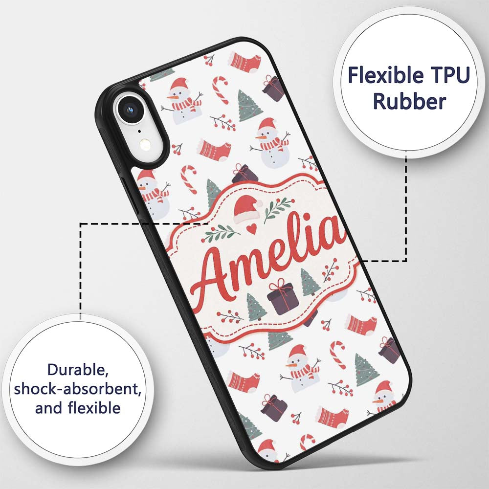 Cute Snowman Christmas Tree Candy Cane Seamless Custom Name Protective Phone Case Mobile Cover Durable Everyday Smartphone Shock Resistant